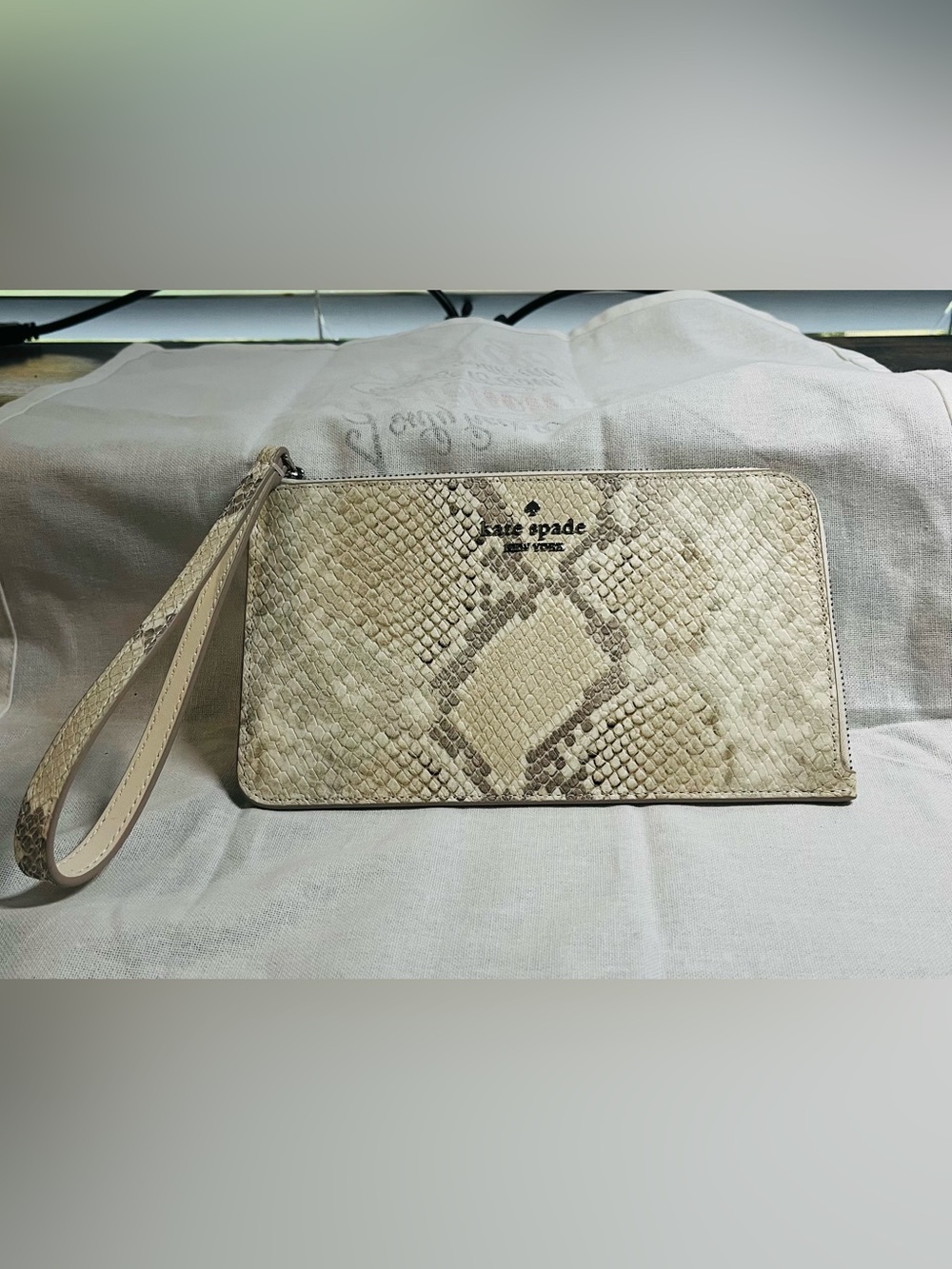 kate spade Cream and Tan Lucy Snake-Print Wristlet